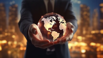 Businessman on blurred background using globe network.Generative AI