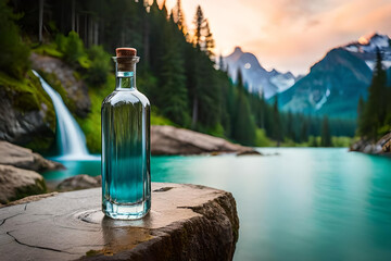 Obraz premium transparent liquor bottle presentation in a beautiful lagoon