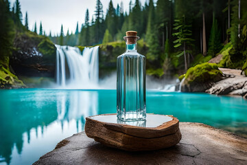 transparent liquor  bottle presentation  in a beautiful lagoon