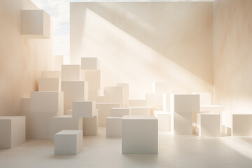 Sunlit space filled with numerous white geometric cubes casting soft shadows, creating a modern abstract setting