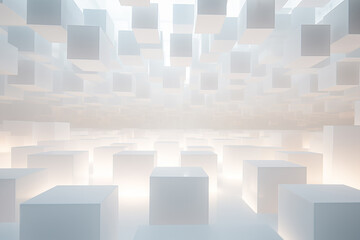Countless white cubes floating in a bright, ethereal white space with a glow effect