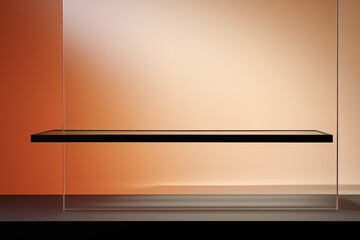 Empty black shelf against an orange wall with a gradient background and reflective surface