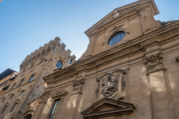 Perspective of the Mannerist facade of the Basilica di Santa Trinita and Tower of Gianfigliazzi, Florence ITALY