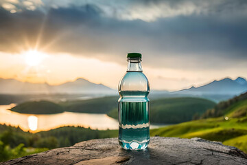 plastic water bottle presentation template , sunset and spectacular lake