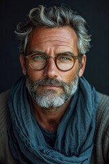 Obraz premium Portrait of a mature and confident senior man wearing glasses, showcasing a thoughtful expression against a black background.