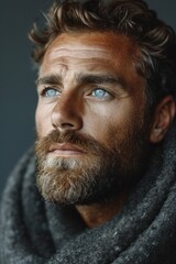 Portrait of a serious and handsome adult man with a beard, showcasing a confident expression against a black background in a studio setting.