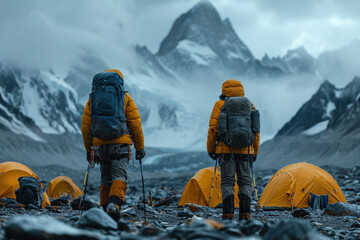 Trekking adventure in the mountains, climbing towards Base Camp, navigating challenging landscapes and high altitudes. - obrazy, fototapety, plakaty