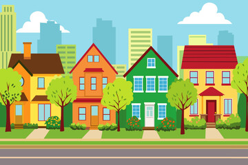Beautiful country houses with lawns, green grass, flowers and trees against the backdrop of the city. Private houses against the backdrop of metropolis silhouettes in a cartoon style. Vector illustrat
