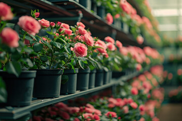 mini roses in the pots growing in a greenhouse 
