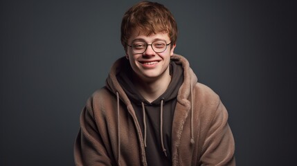 Fototapeta premium Portrait studio shot a man with Down syndrome who smiles happy every day. AI generated image