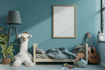 Creative composition of child room interior with mock up poster frame, cozy bed, stylish rack, blue wall, rack with toys, plush lama, gray lamp, guitar and personal accessories. Home decor.