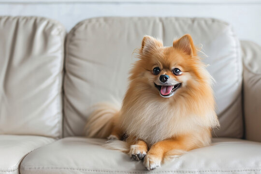 pomeranian puppy sitting on a sofa