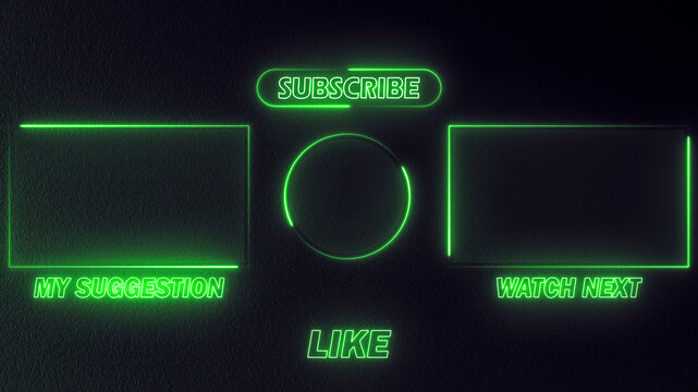 Green Neon Lights End Screen Picture in High Resolution For Youtube. Subscribe Liike button with 2 Videos or Playlist Rectangles.