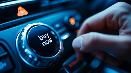 Close-up image of a man's hand pressing the button buy now on the car dashboard