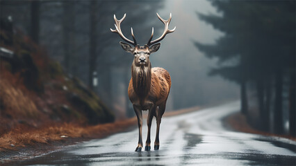 Majestic red deer stag walking on asphalt road in misty forest.