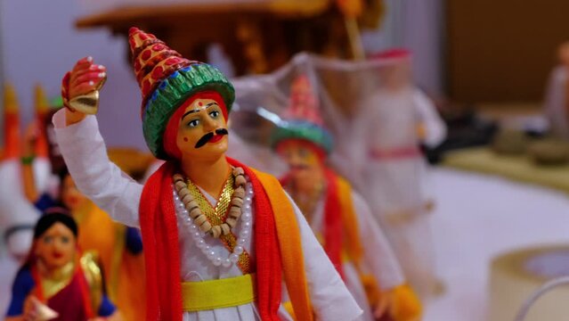 22 Dec. 2023, Vasudev miniature statue, a community of Krishna worshippers from Maharashtra, sing bhakti songs, and survive on alms given by the people, Vasudev in Bhimthadi Jatra 2023, India.