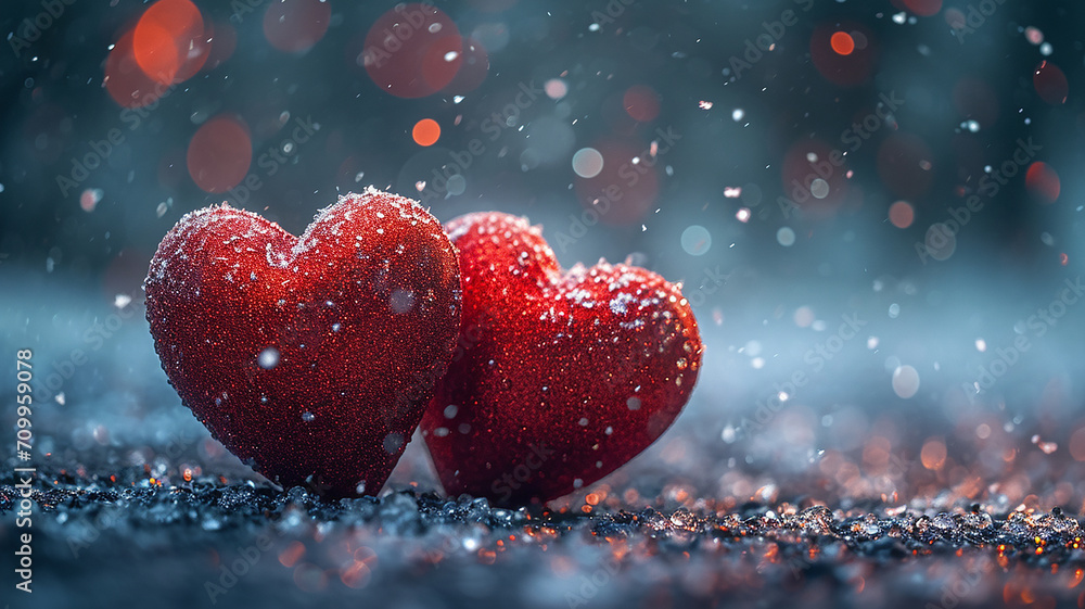 Wall mural valentines day background of two red heart shape love made with glowing glitter bokeh image