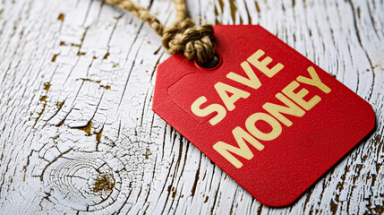 Red paper tag with text Save Money over weathered wooden background.