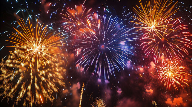 Colorful fireworks of various colors over night sky background