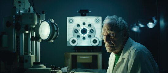 An older man uses an eye scanner at the eye doctor's office.