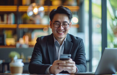 Businessman using mobile phone to search or social media, Business man smiling using smartphone on table - obrazy, fototapety, plakaty