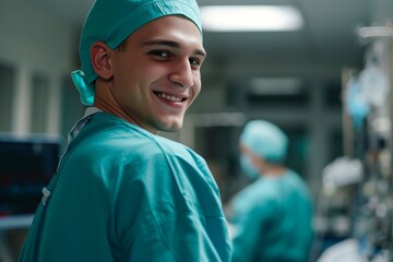 Happy optimistic young hospital surgeon