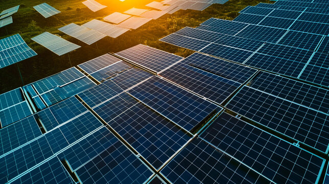 Close-up of eco-technology solar panel farm. Landscape of solar panels at a photovoltaic power plant. Energy storage from nature. Modern technologies.