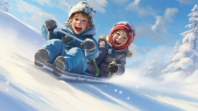 Children are happy to ride a sled down a snowy hill AI generated image