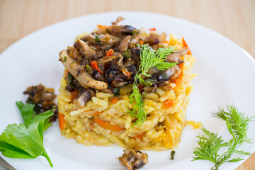 Diet pilaf with mushrooms and vegetables in a plate .