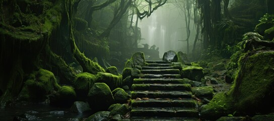Navigate through a mystical forest on an ancient stone pathway adorned with moss, enveloped in an enchanting atmosphere. - obrazy, fototapety, plakaty