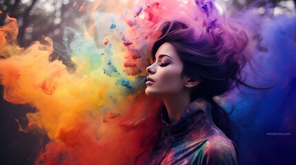 Illustration a woman with colorful Rainbow Smoke around there. AI generated image - obrazy, fototapety, plakaty