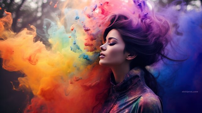 Illustration a woman with colorful Rainbow Smoke around there. AI generated image