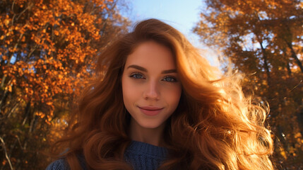 Naklejka premium Autumn Park Selfie, Young Woman with Blue Eyes