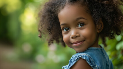 Portrait of Afro American child. Portrait of a cute African American baby girl. Adorable girl looking at camera. Outdoor portrait of a cute afro american happiness little girl with curly hair