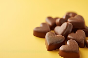 Fototapeta na wymiar Chocolate heart shaped candies on yellow background, copy space. Valentine's Day