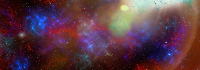 Space background with stardust and shining stars. Realistic cosmos and color nebula. Colorful galaxy. 3d illustration