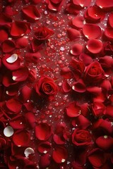 Red roses and petals with scattered white beads on a sparkling background.