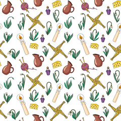 Vector illustration of the Irish spring pagan holiday Imbolc symbols, seamless pattern