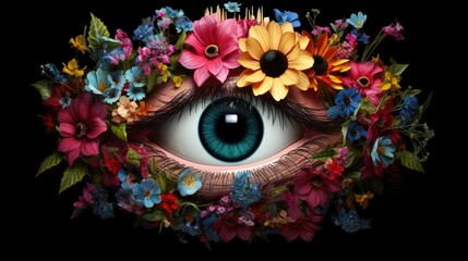 human eye organ with blooming flowers