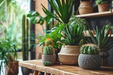 Stylish composition of home garden interior filled a lot of beautiful plants, cacti, succulents, air plant in different design pots. Home gardening concept Home jungle. Copy space