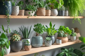 Stylish composition of home garden interior filled a lot of beautiful plants, cacti, succulents, air plant in different design pots. Home gardening concept Home jungle. Copy space