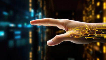 Close up of businessman touching hologram digital network, advanced technology futuristic, data security analysis for business development and economic finance.
