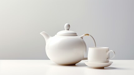 the refined charm of a teapot and cup against a spotless white background, presenting a moment of quiet elegance and visual appeal.