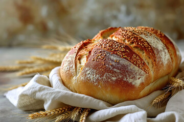 freshly baked bread on the table cloth 