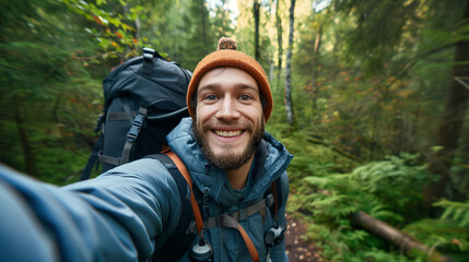 Naklejka na ściany i meble Friendly Backpacker Capturing a Selfie Moment in Lush Forest - Adventure Travel and the Joy of Hiking