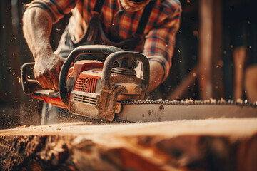 Carpenter with chainsaw sawing wood, cutting wooden plank - obrazy, fototapety, plakaty