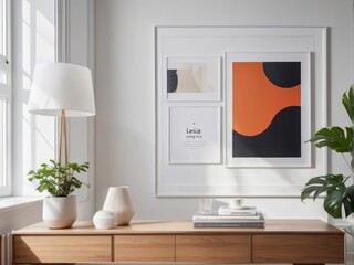 poster mockup Inside a room decorated with white walls, simple and elegant, installed on a white wall. Surrounded by decorative plant vases Placed neatly and cleanly.