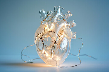Human heart made of glass or ice with light garland. Anatomically correct heart on blue background. Glowing frozen heart, love and romantic concept - obrazy, fototapety, plakaty