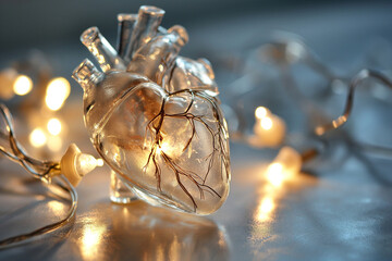 Human heart made of glass or ice with light garland. Anatomically correct heart on bokeh background. Glowing frozen heart, love and romantic concept