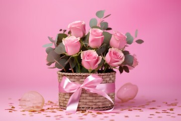 Bouquet of pink roses in a basket on a pink background . Springtime Concept. Mothers Day Concept with a Copy Space. Valentine's Day with a Copy Space.	